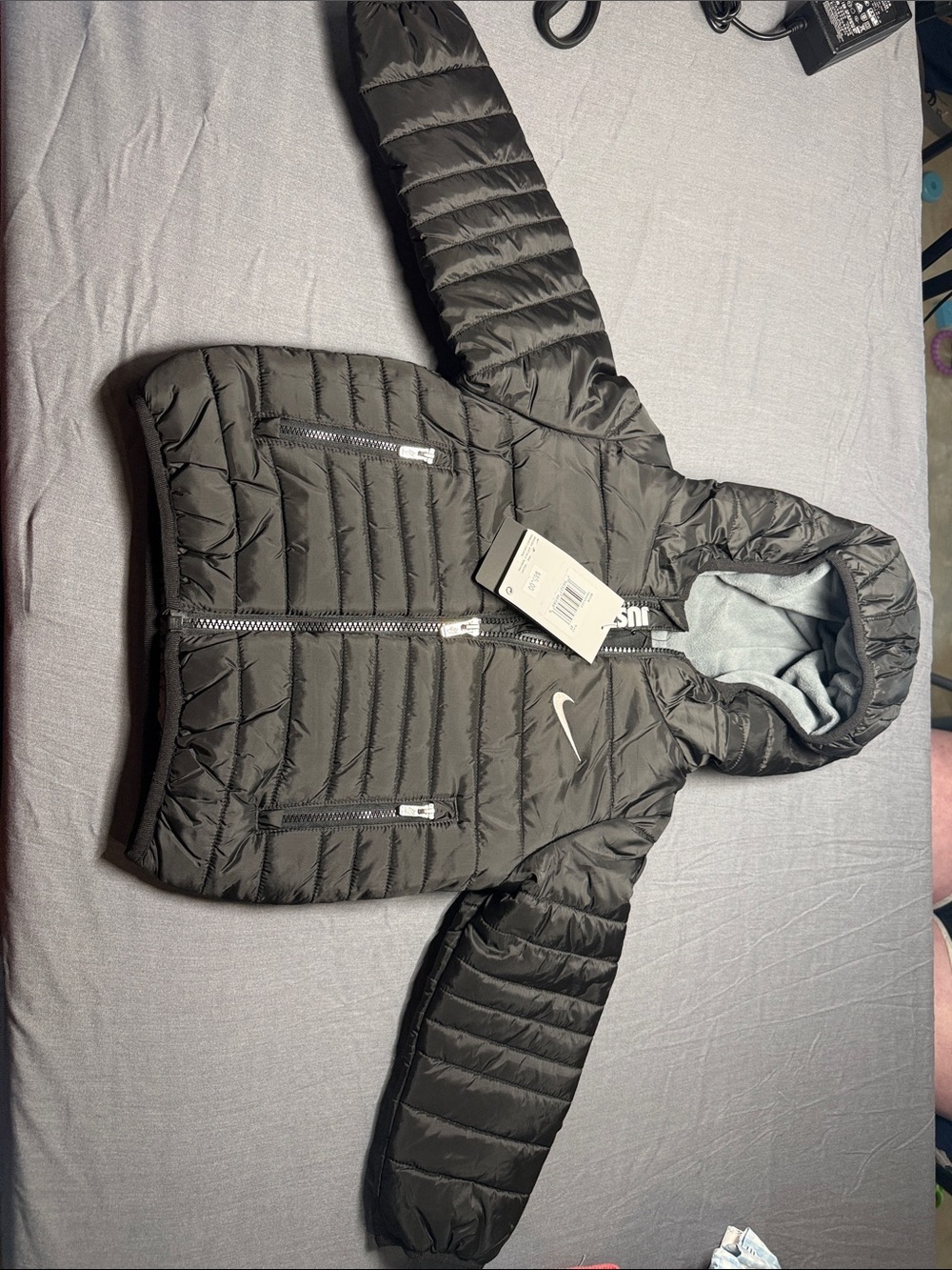Nike Kids Black Hooded Puffer Jacket with Grey Lining